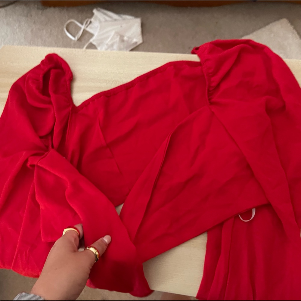 Red tie front puff sleeve top